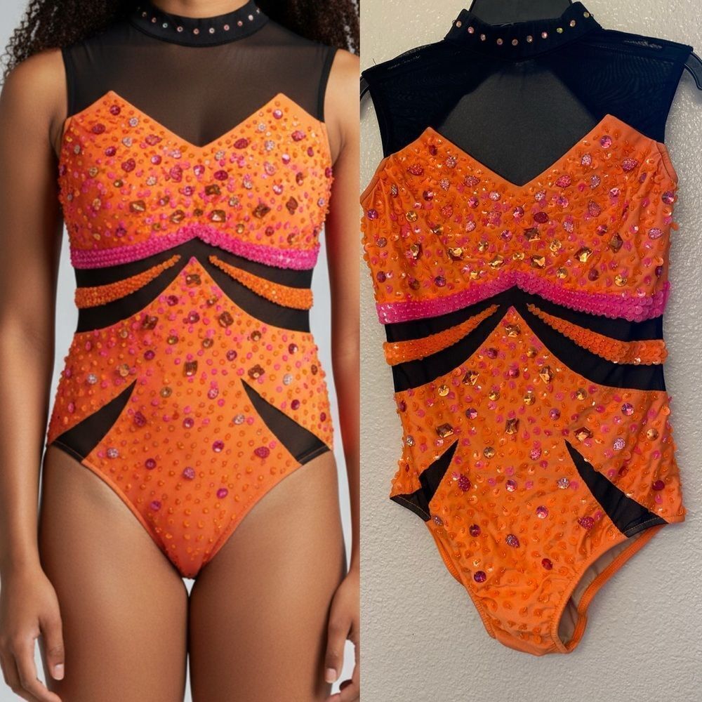 Glamour solo dance costume orange black sleeveless illusion MA medium adult